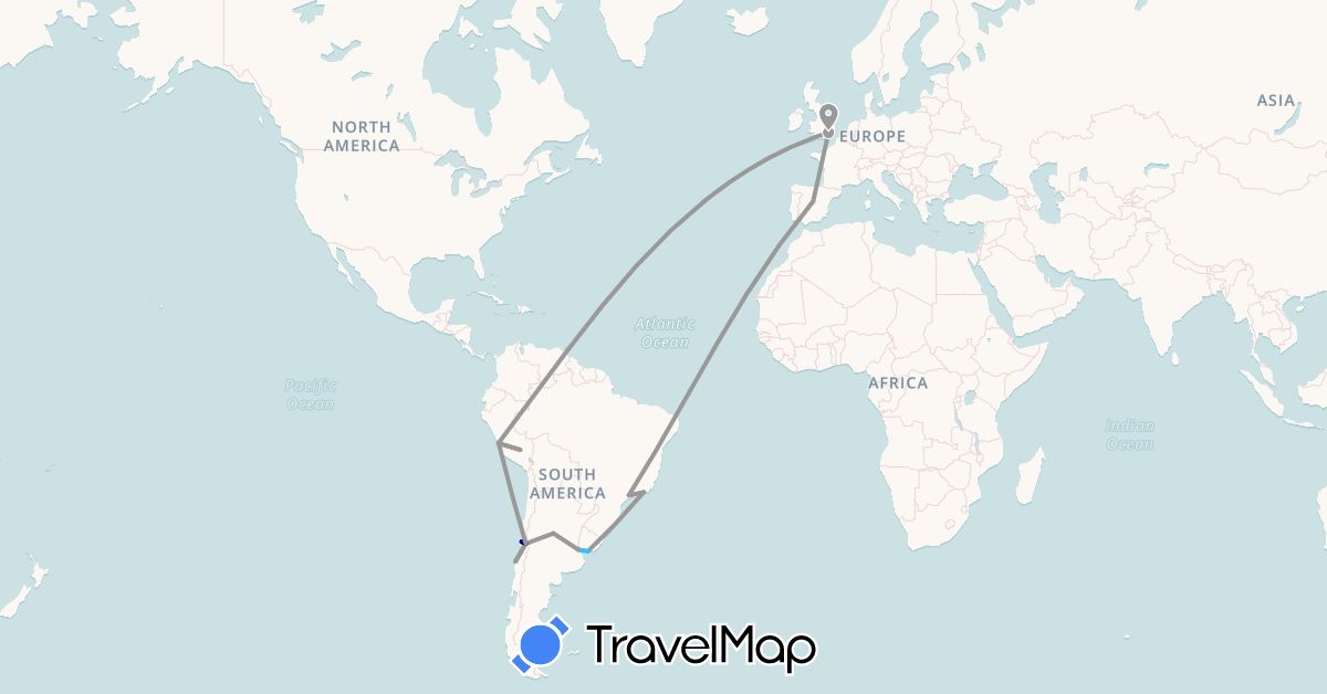 TravelMap itinerary: driving, plane, boat in Argentina, Brazil, Chile, Spain, United Kingdom, Peru, Uruguay (Europe, South America)